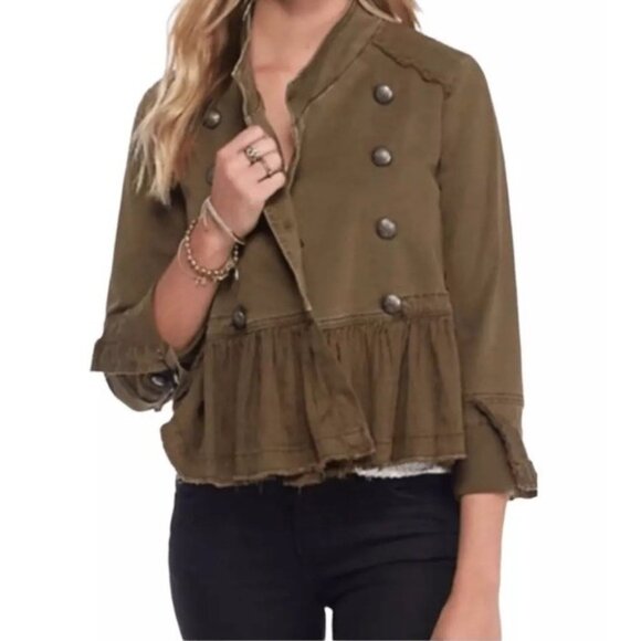 FREE PEOPLE Military Green Ruffle Frayed Hem Jacket Style OB480752 Size Large - Picture 1 of 16